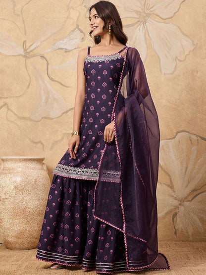Dhiyona HOP Floral Printed Sleeveless Kurta with Sharara With Dupatta