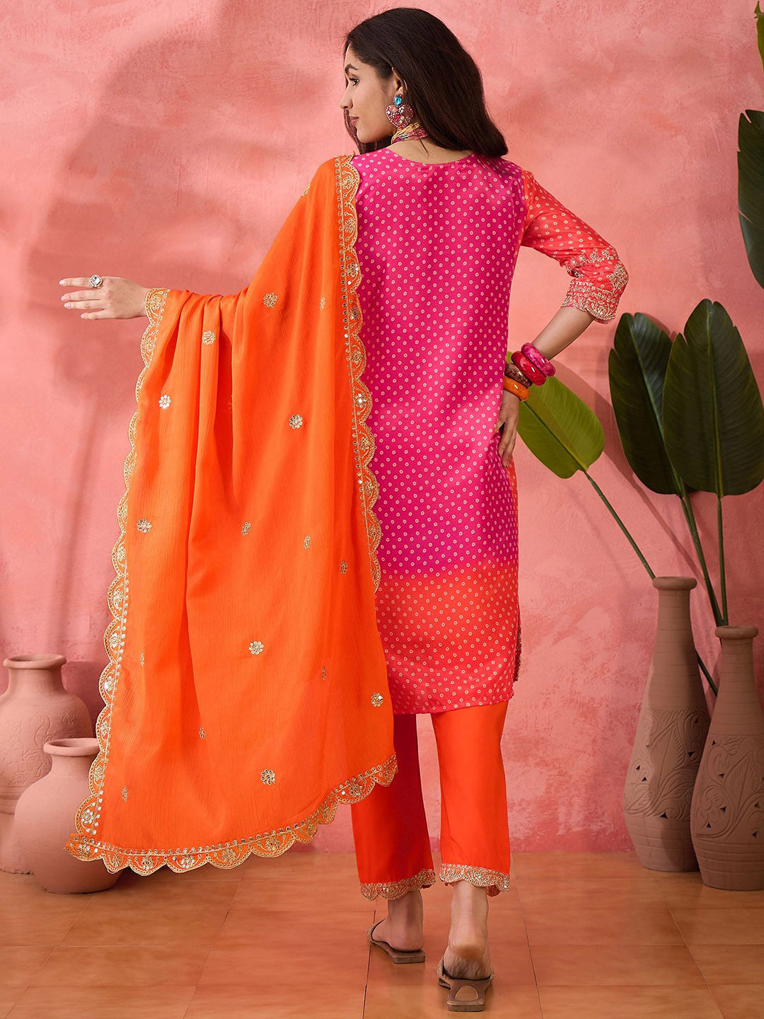 Bandhani Embroidered Round Neck Straight Kurta With Trousers & Dupatta