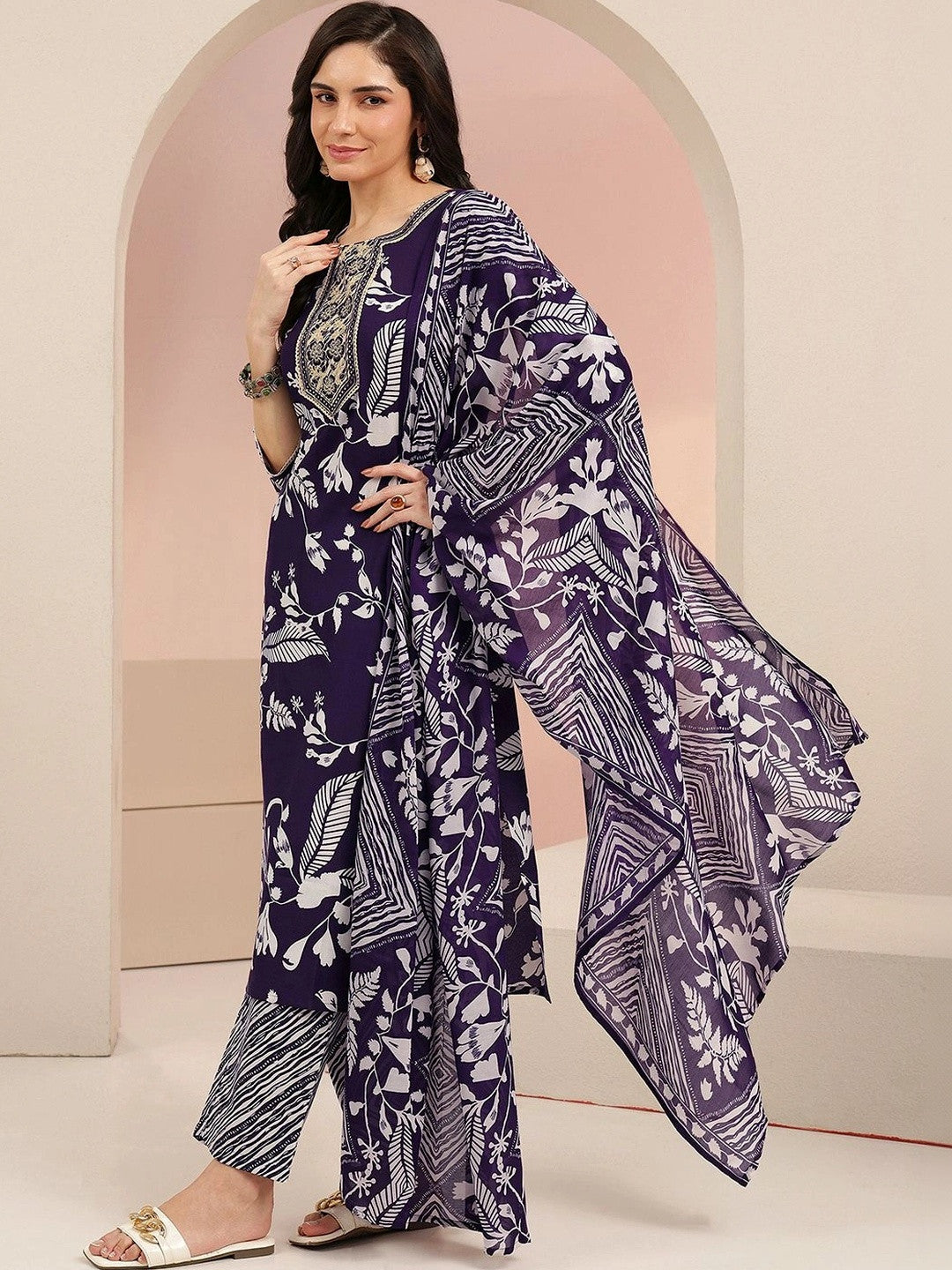 Plum Purple Floral Printed Cotton Blend Straight Suit Set