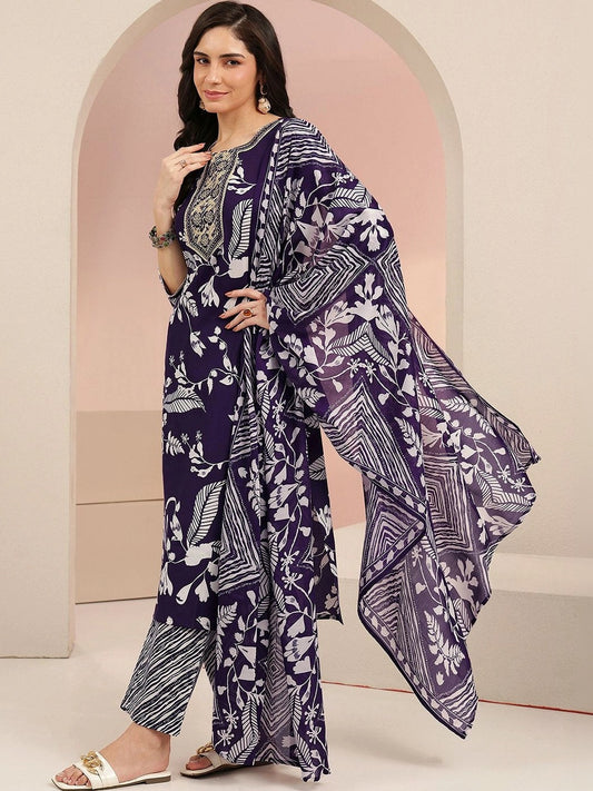 Plum Purple Floral Printed Cotton Blend Straight Suit Set