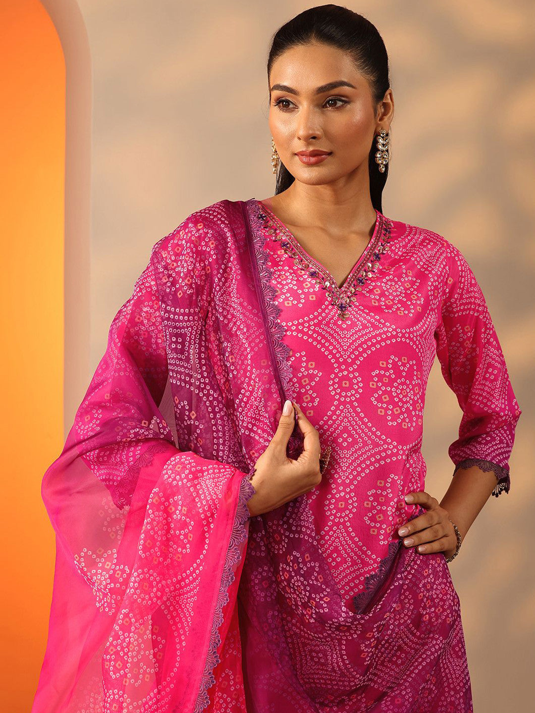 Bandhani Printed V-Neck Sequinned Straight Kurta With Trouser And Dupatta