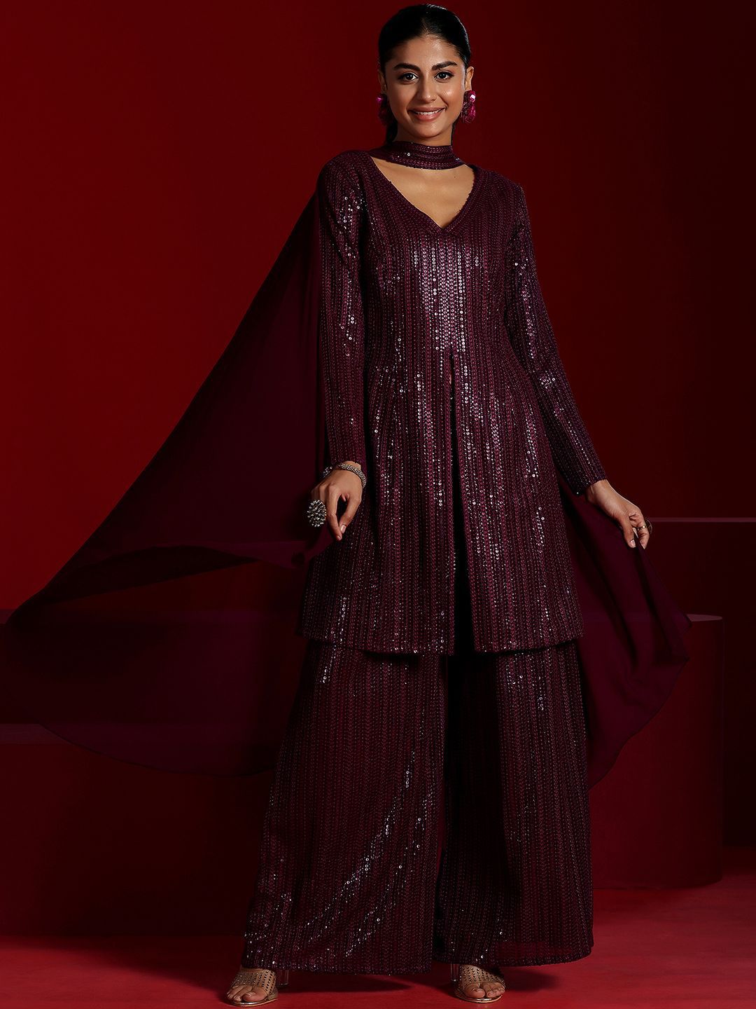 Dhiyona LL V-Neck Art Sequinned Embroidered Kurta with Palazzos & Dupatta