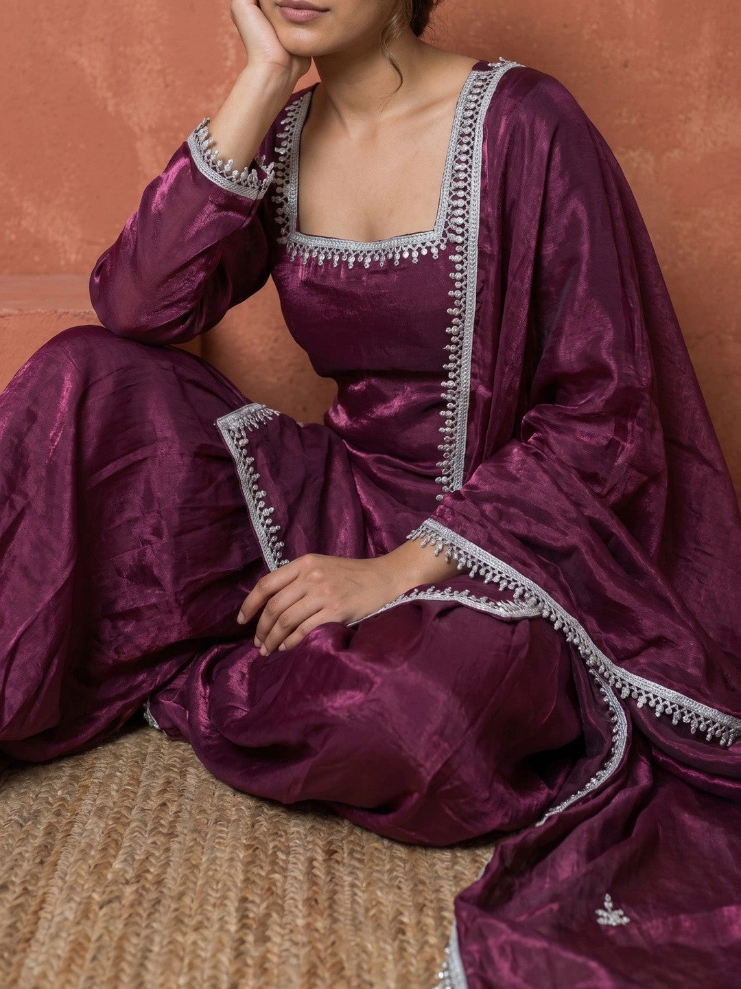 Women Regular Thread Work Kurta with Palazzos & With Dupatta