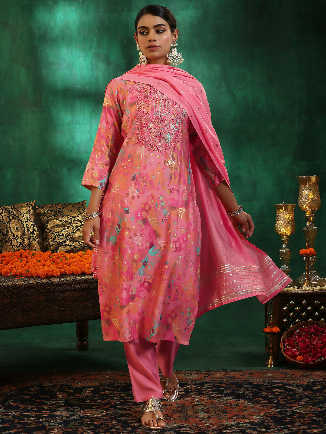 Women's LB Pink Printed Silk blend Straight Suit With Dupatta