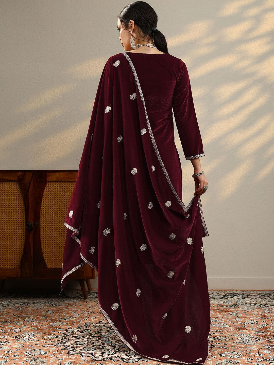 Women Ethnic Motifs Embroidered Regular Velvet Kurta with Trousers & Dupatta