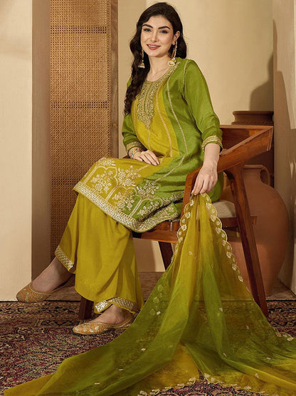 Dhiyona SN Floral Embroidered Round Neck Zari Kurta With Palazzos & Dupatta