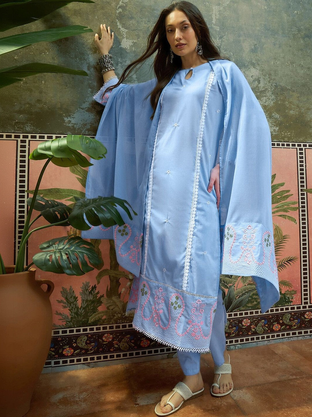 Embroidered Pure Cotton Keyhole Neck Kurta & Trousers With Dupatta
