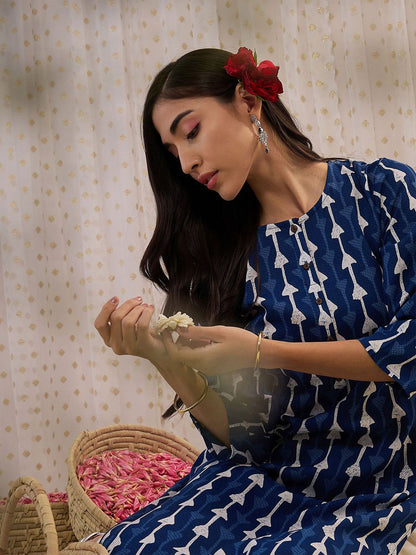 Dhiyona IE Geometric Printed Round Neck Straight Kurta