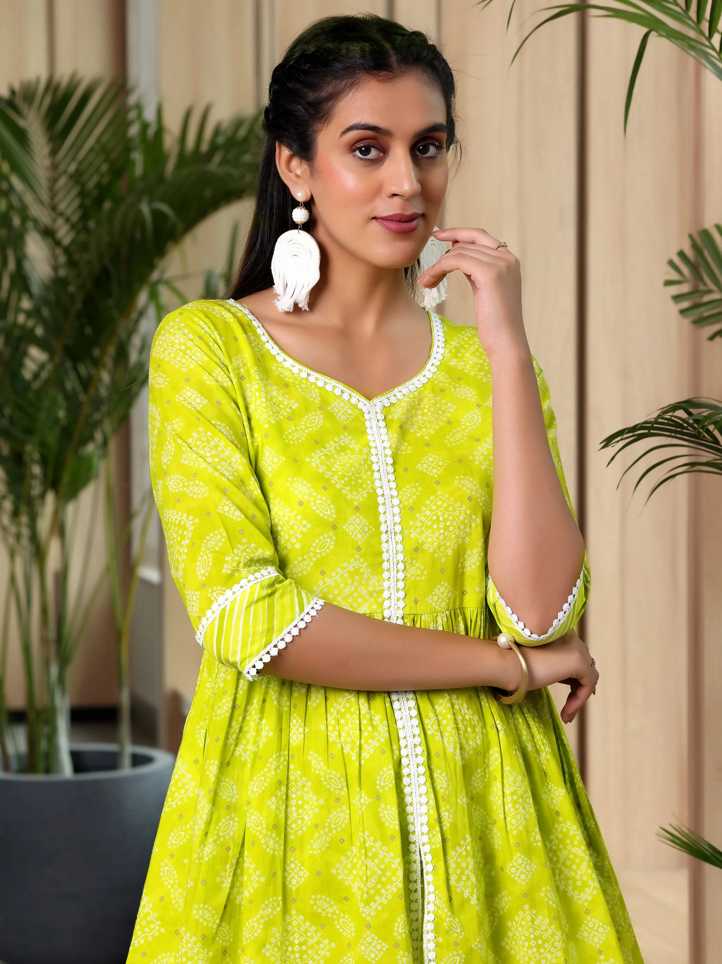 Women's LB Green Printed Cotton A-Line Kurti With Sharara & Dupatta