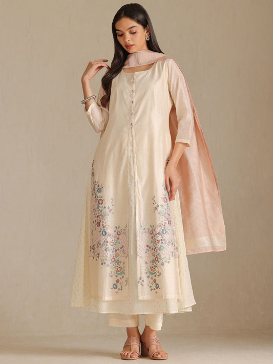 Dhiyona SO Women's Women Ethnic Motifs Embroidered Thread Work Kurta with Trousers & With Dupatta