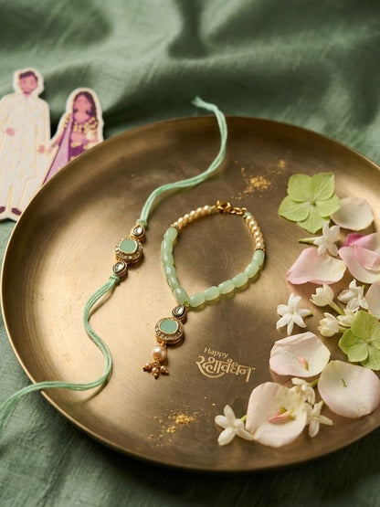 Dhiyona Set Of 2 Artificial Stones & Beads Bhaiya Bhabhi Rakhi With Roli Chawal Chandan