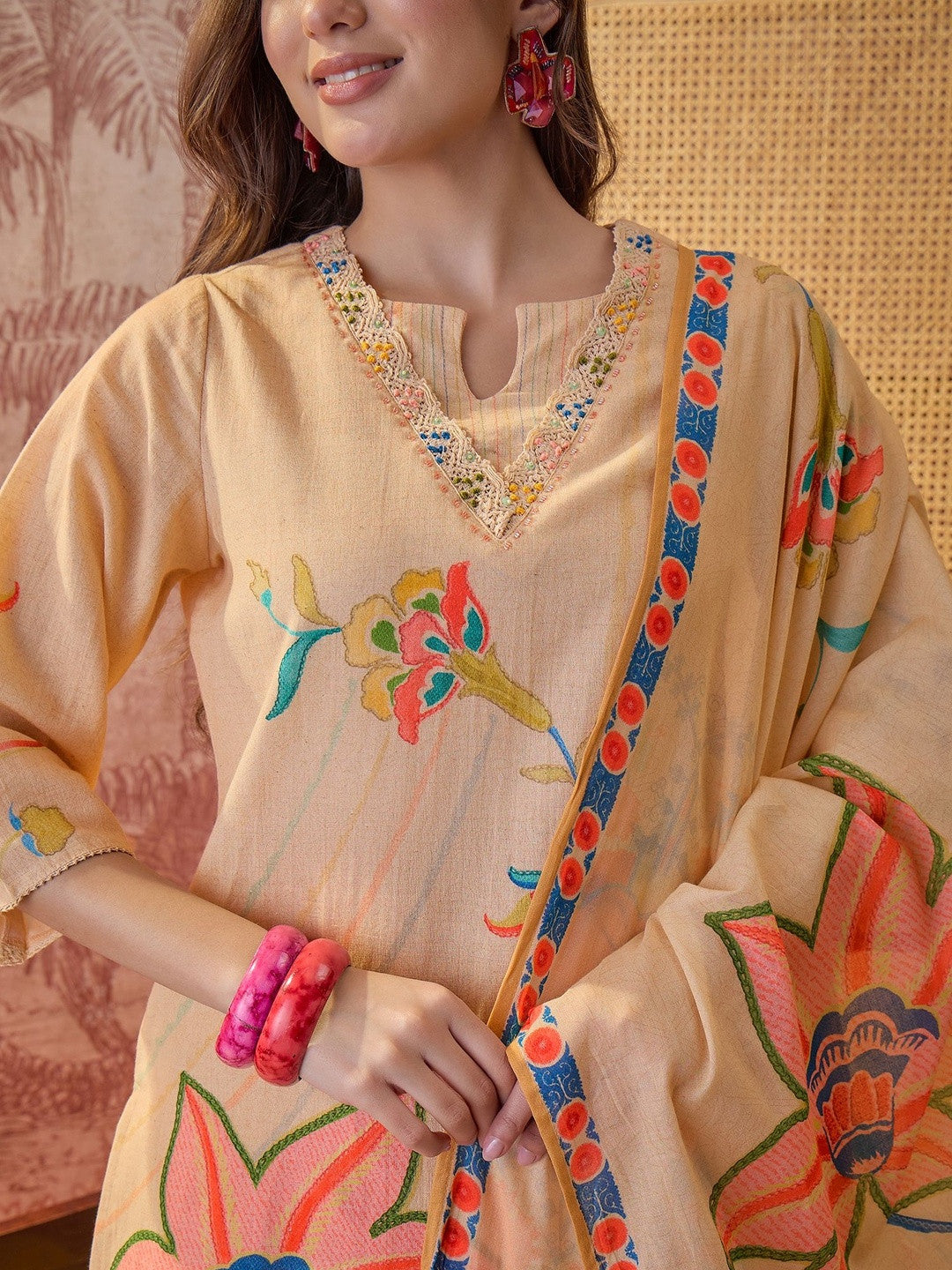 Printed Pure Cotton Keyhole Neck Kurta & Trousers With Dupatta