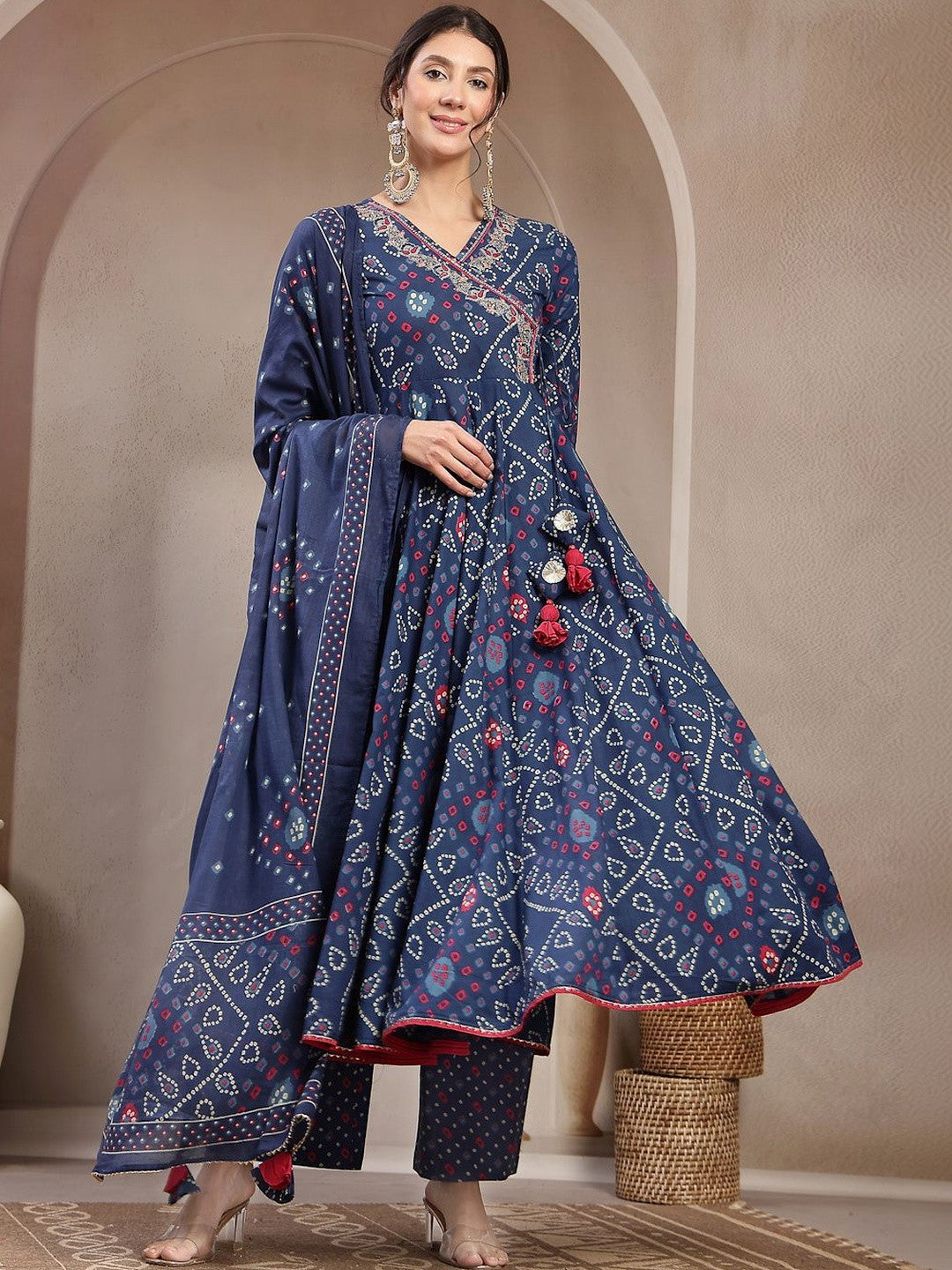 Printed Cotton V-Neck Kurta & Palazzos With Dupatta