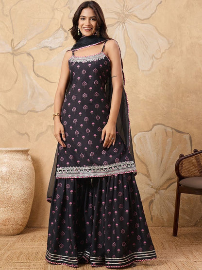 Dhiyona HOP Printed With Embroidered Sleeveless Kurta With Sharara & Dupatta