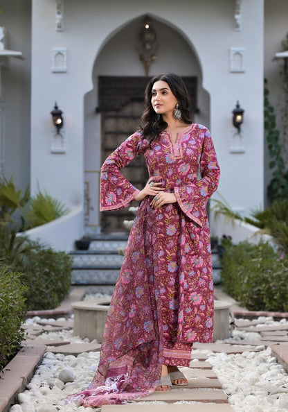 Dhiyona KL Floral Printed Notch Neck Pure Cotton A-Line Kurta With Palazzo And Dupatta