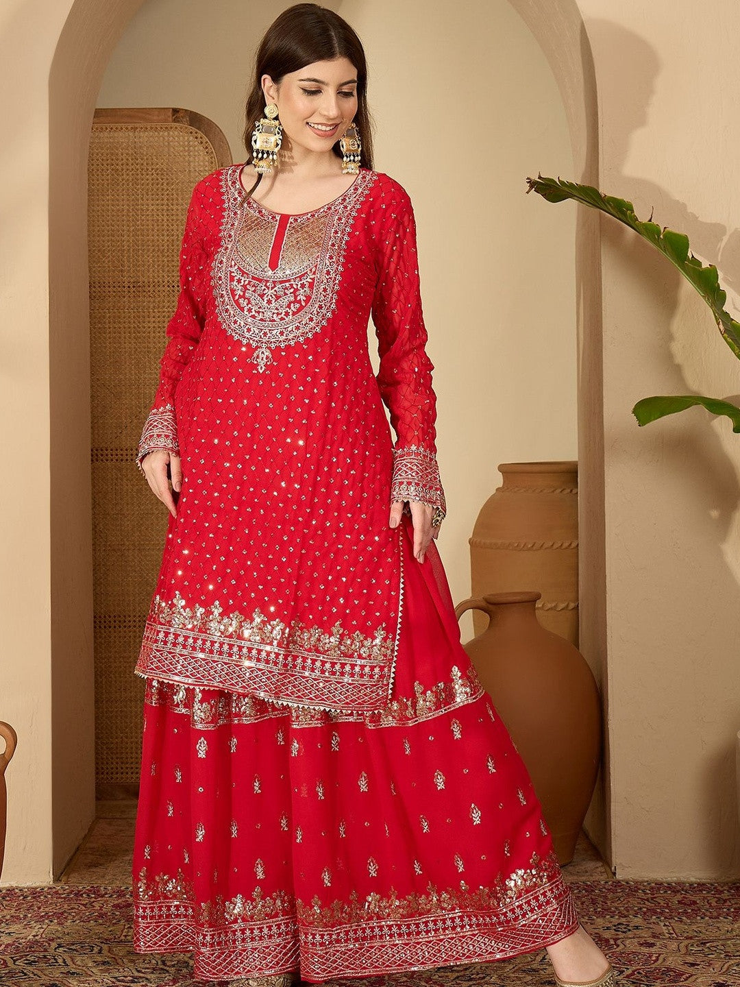 Ethnic Motifs Embroidered Panelled Gotta Patti Kurta With Palazzos & Dupatta