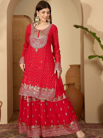 Ethnic Motifs Embroidered Panelled Gotta Patti Kurta With Palazzos & Dupatta