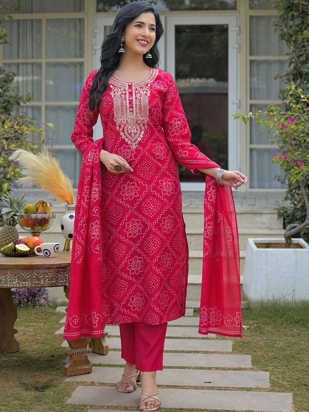 Dhiyona KL Women Bandhani Printed Regular Mirror Work Kurta with Trousers & With Dupatta