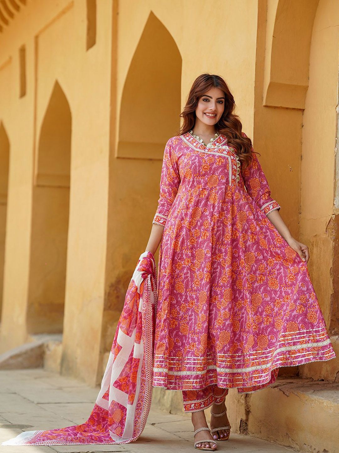 Dhiyona KL Floral Angrakha Gotta Patti Pure Cotton Anarkali Kurta with Trousers & Dupatta