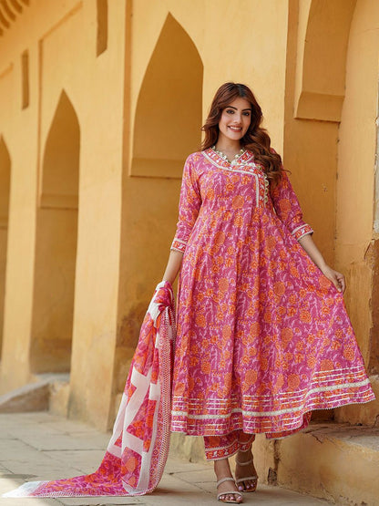 Dhiyona KL Floral Angrakha Gotta Patti Pure Cotton Anarkali Kurta with Trousers & Dupatta
