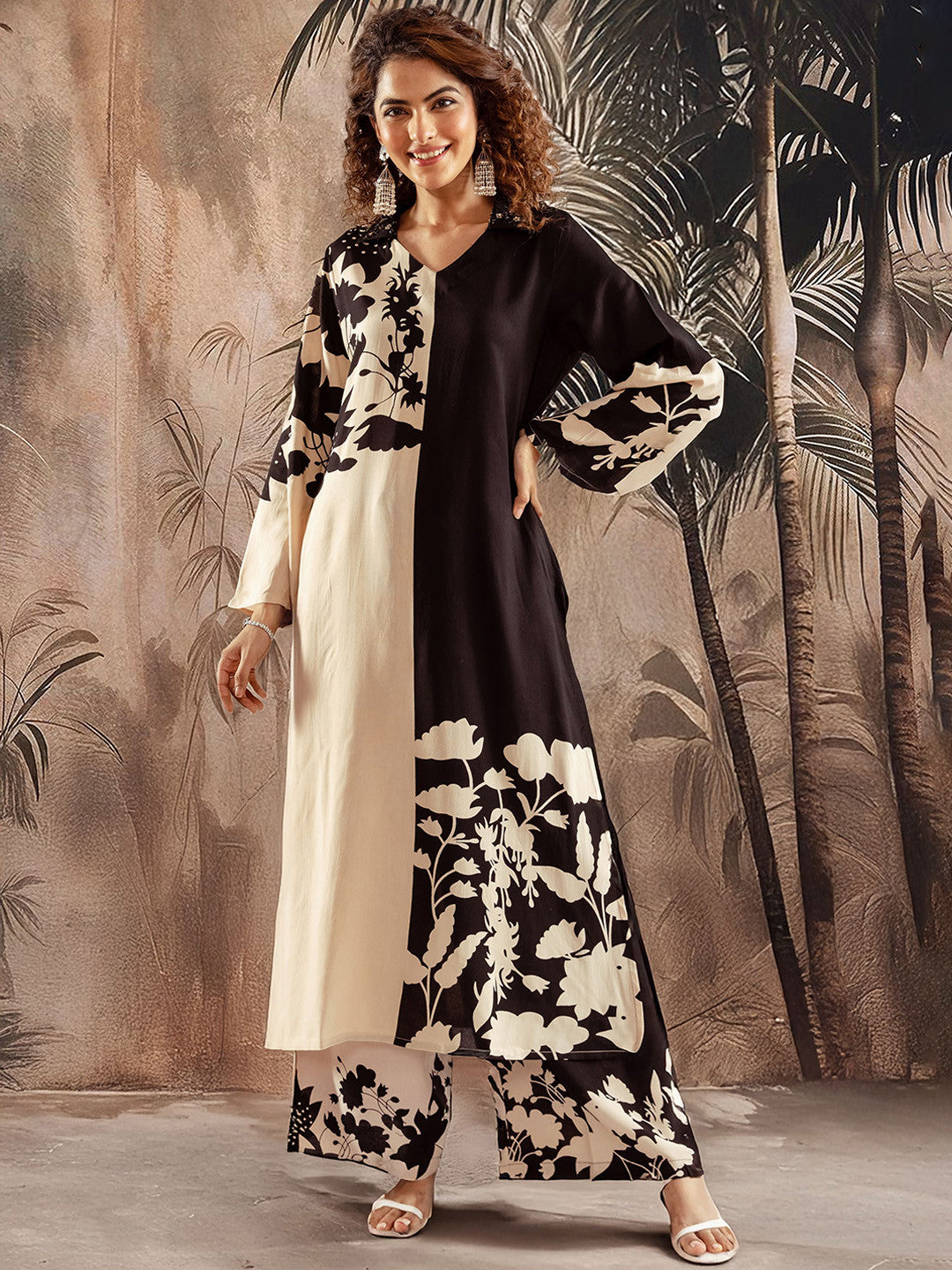 Dhiyona SN Floral Printed V-Neck Straight Kurta With Palazzos