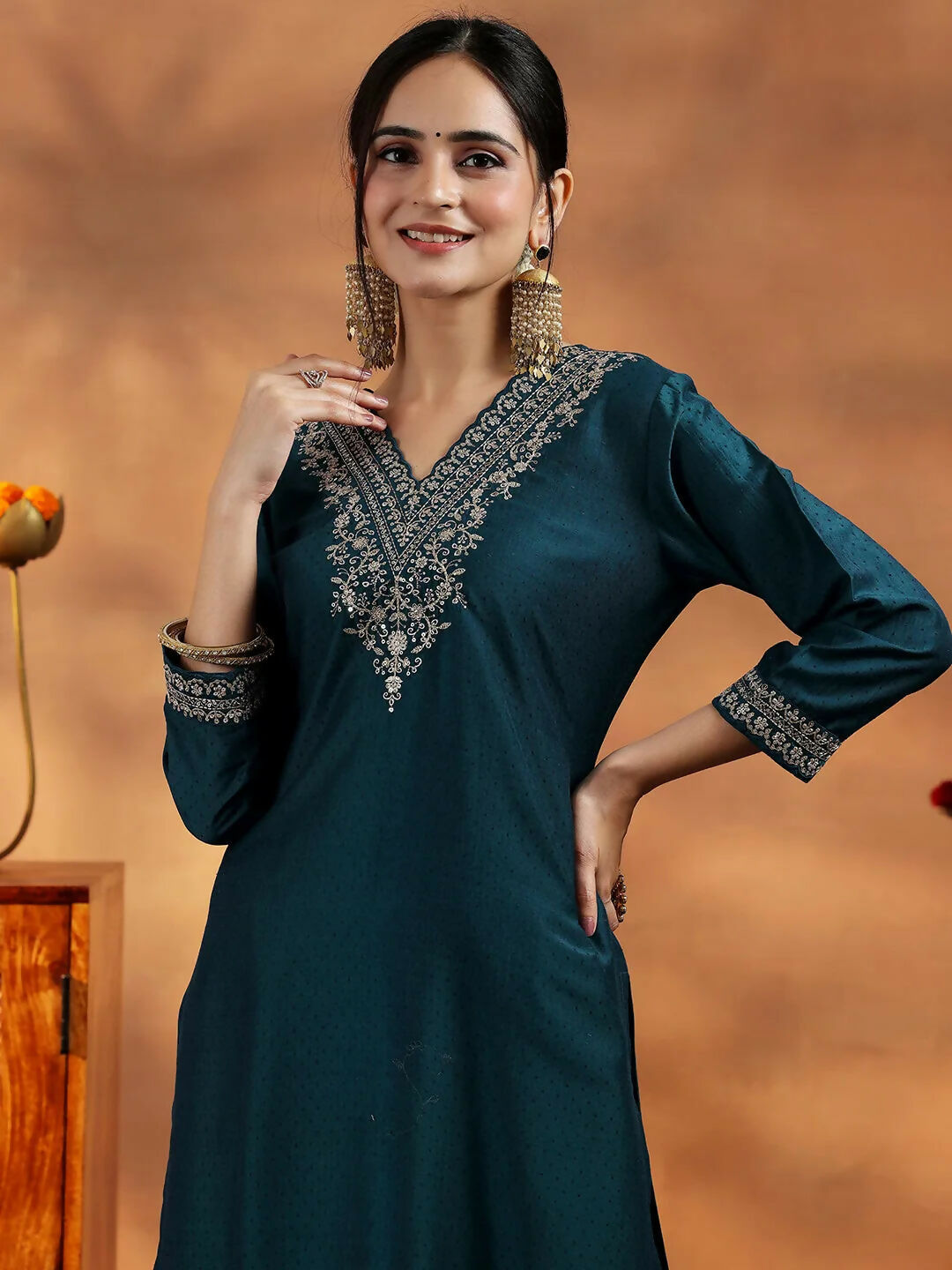 Women's LB Teal Yoke Design Silk Blend Straight Suit With Dupatta