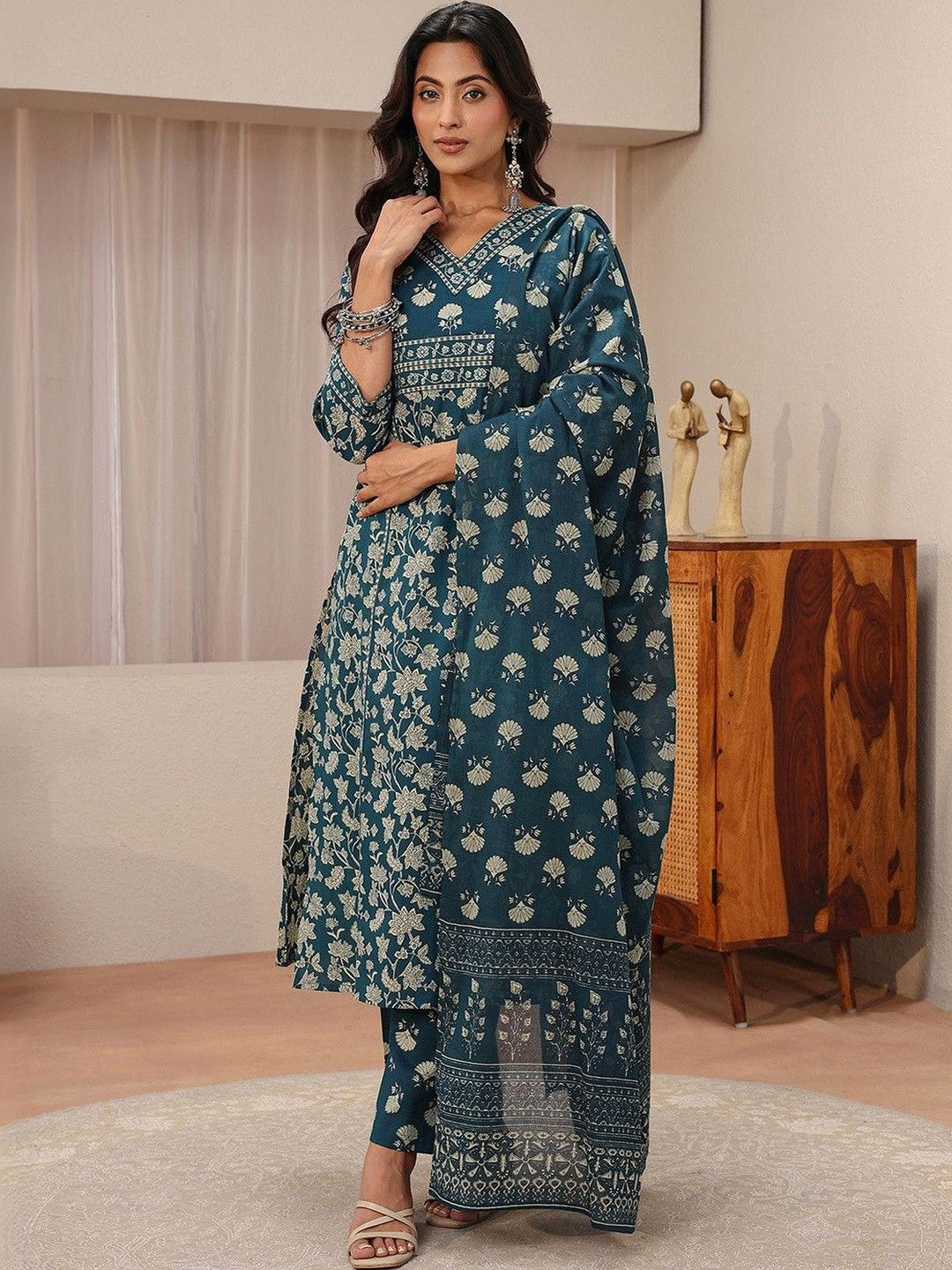 Blue Floral Printed Cotton Straight Suit Set