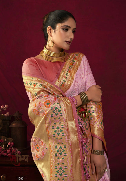 Women Paithani Bansi Baby Pink Saree With Unstiched Blouse