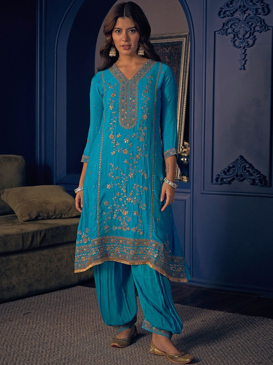 Embroidered V-Neck Kurta & Salwar With Dupatta