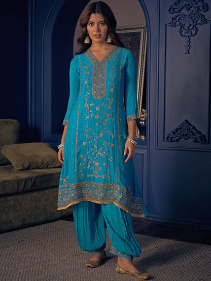 Embroidered V-Neck Kurta & Salwar With Dupatta