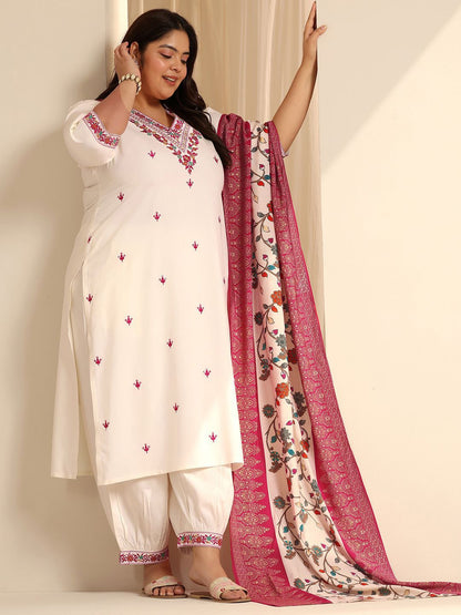 Dhiyona Women's Plus Size Floral Printed Thread Work Kurta With Salwar & Dupatta