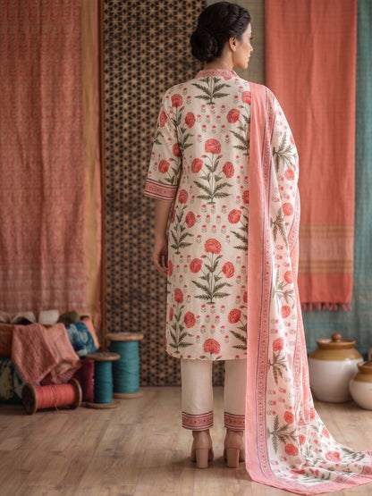 Embroidered Pure Cotton U-Neck Kurta With Palazzos With Dupatta