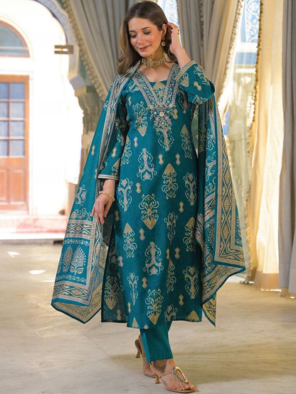Dhiyona KL Women Ethnic Motifs Printed Regular Thread Work Kurta with Trousers & With Dupatta