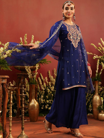 Dhiyona SC Women Midnight Blue Organza Silk Embroidered Sharara Set