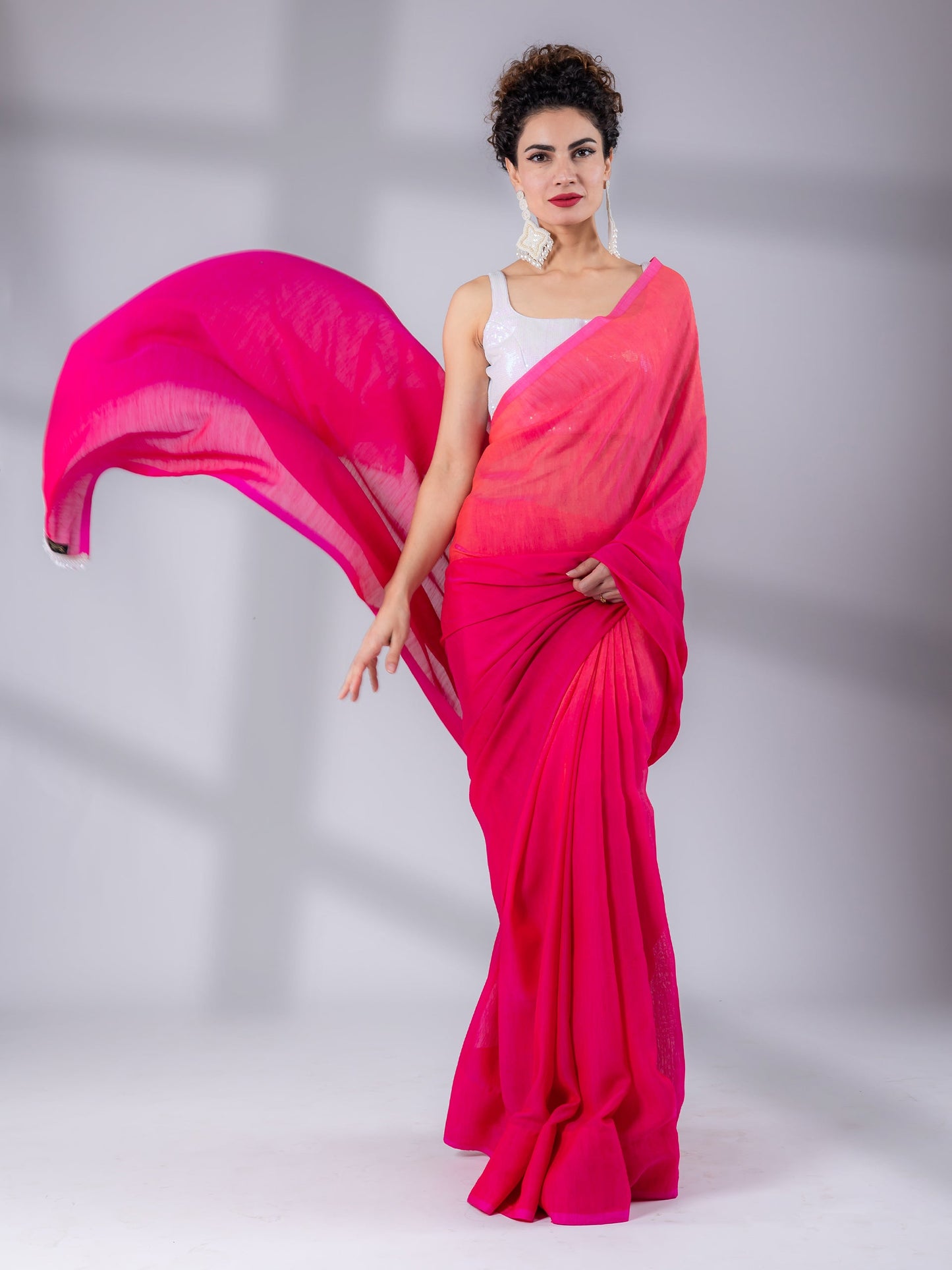 Dhiyona ST SET I Spring Pink Ombre Saree with Iridescent Sequin Square Neck Blouse - 2 Piece