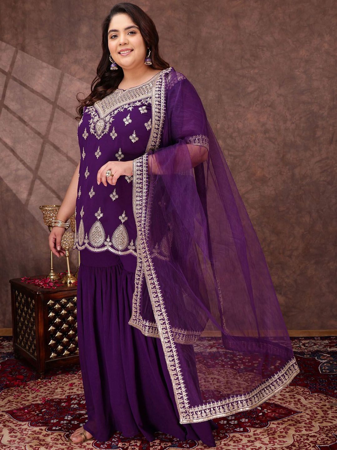 Dhiyona IN Women Plus Size Ethnic Motifs Sequinned Kurta with Sharara & Dupatta