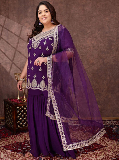 Dhiyona IN Women Plus Size Ethnic Motifs Sequinned Kurta with Sharara & Dupatta