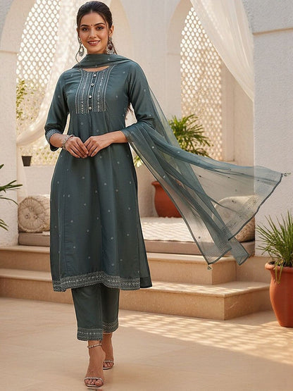 Dhiyona KL Floral Embroidered Zari Anarkali Kurta With Trousers & Dupatta