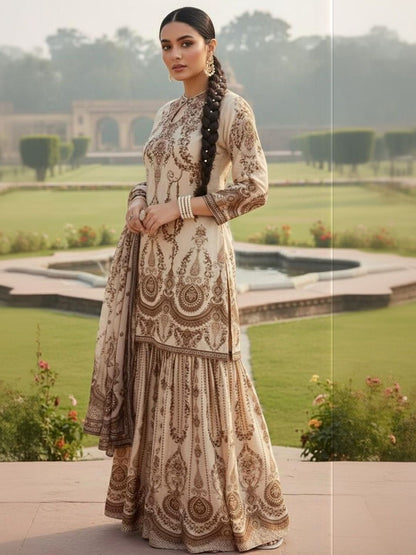 Dhiyona AN Floral Printed Keyhole Neck Straight Cotton Silk Kurta With Sharara & Dupatta