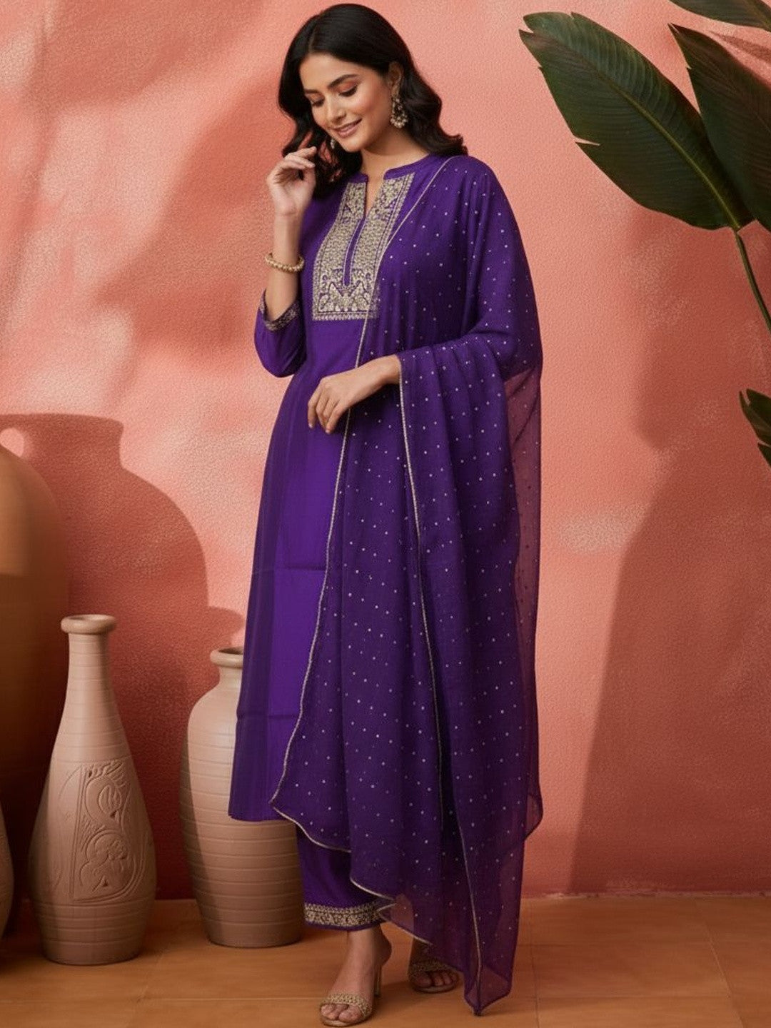 Embroidered Mandarin Collar Kurta & Trousers with Dupatta