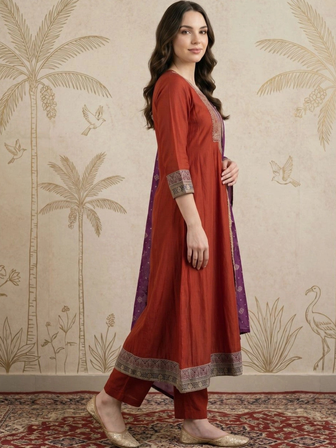 Women Ethnic Motifs Embroidered Regular Thread Work Kurta with Trousers & With Dupatta