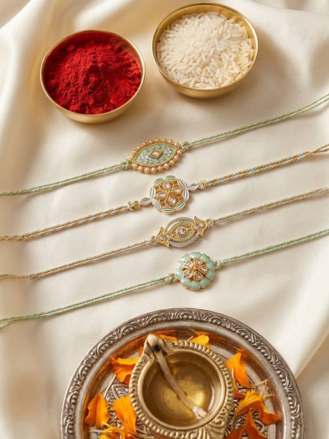 Dhiyona Set Of 4 White Artificial Stones & Green Thread Rakhi