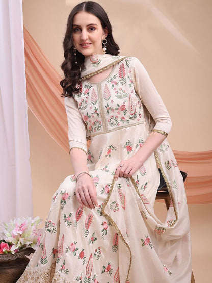 Dhiyona KL Floral Printed Thread Work Pure Silk Anarkali Kurta With Palazzos & Dupatta
