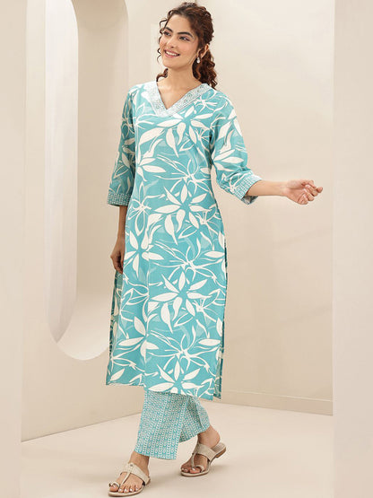 Floral Printed V-Neck Straight Kurta With Trousers & Dupatta