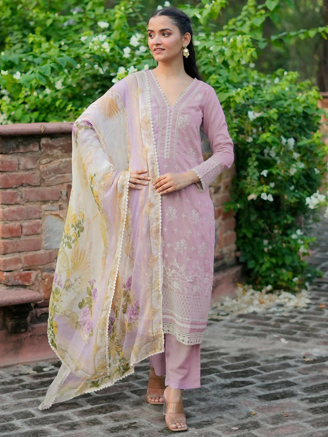 Women's LB Lilac Embroidered Silk Blend Straight Suit With Dupatta