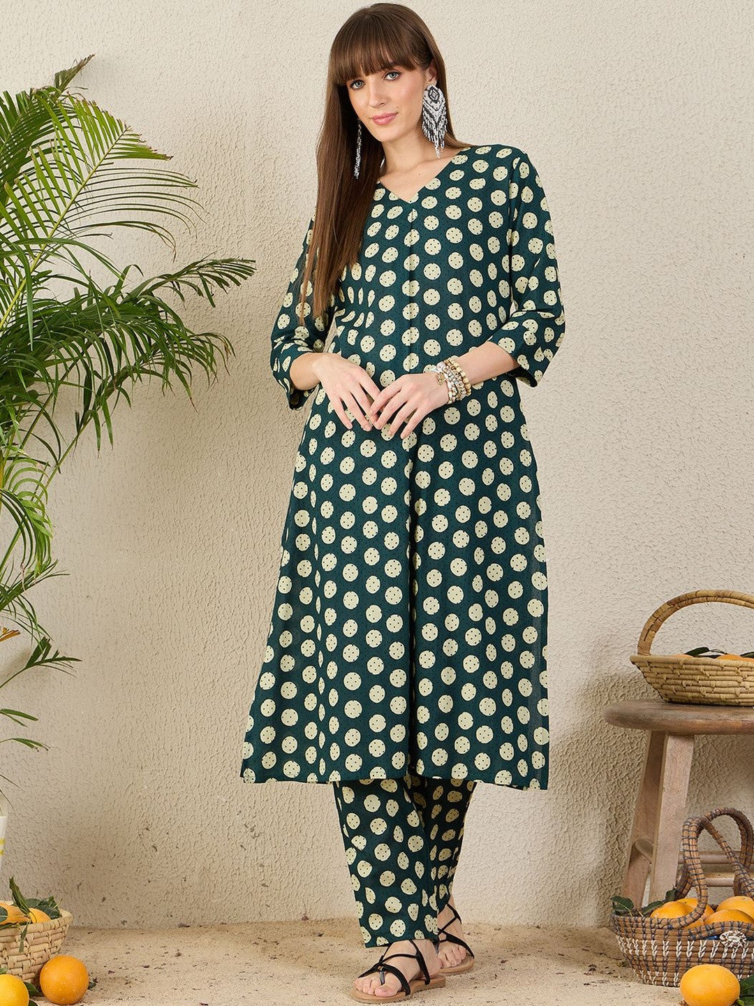 Polka Dots Printed Pleated V-Neck A-Line Pure Cotton Kurta with Trousers