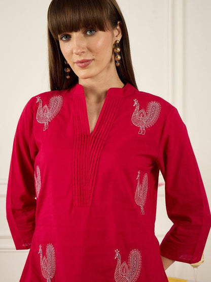 Floral Printed Thread Work Pure Cotton Kurta With Palazzos
