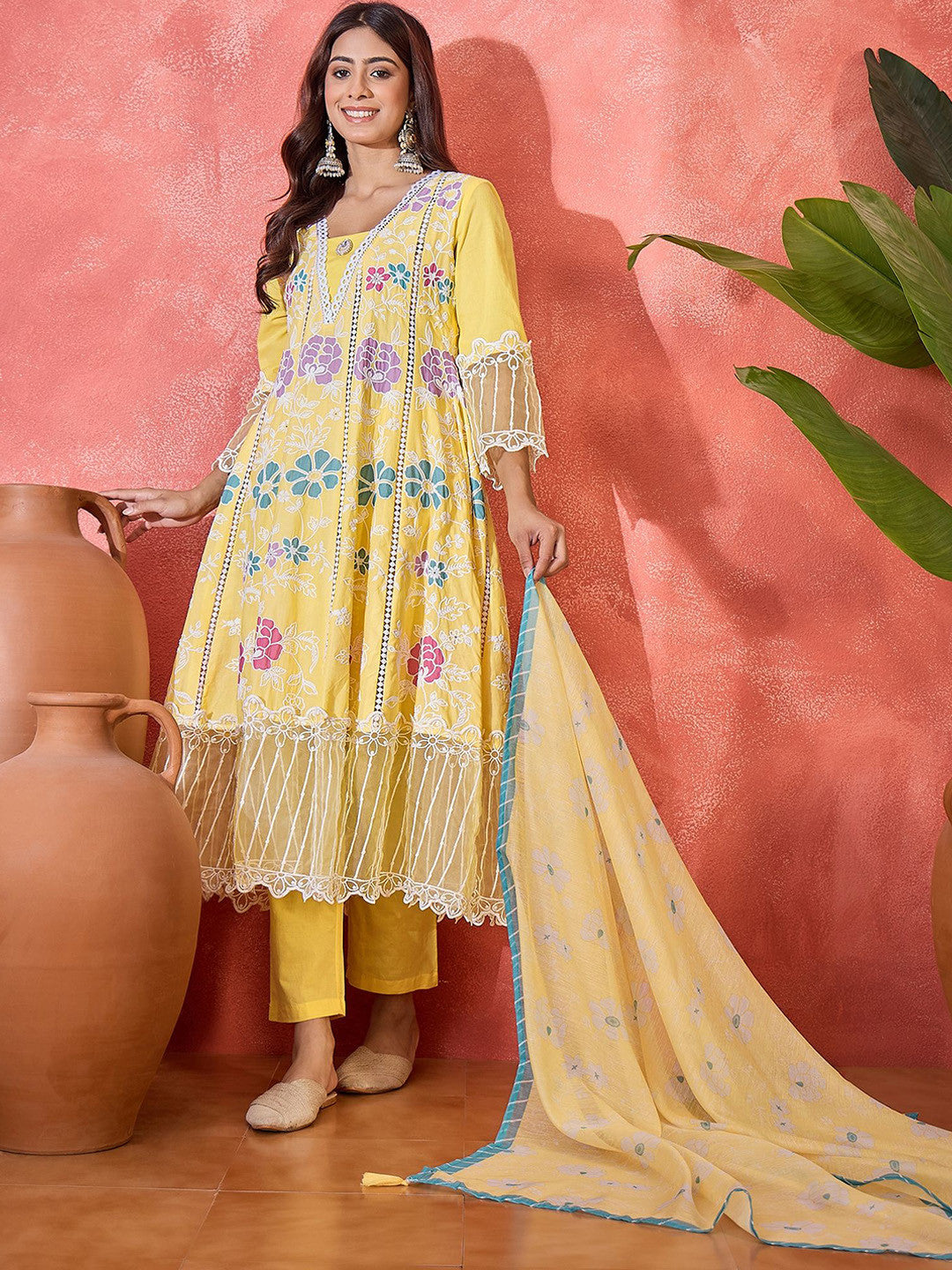 Dhiyona SN Women Floral Embroidered Cotton Kurta with Trousers & Dupatta
