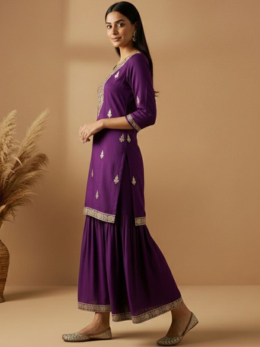 Dhiyona AN Women Ethnic Motifs Embroidered Regular Thread Work Kurta with Sharara & With Dupatta