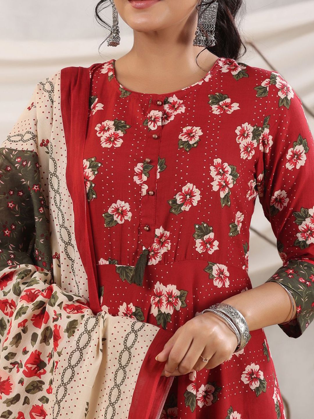 Dhiyona RR Women's Floral Printed Cotton A-Line Kurta with Palazzos & Dupatta